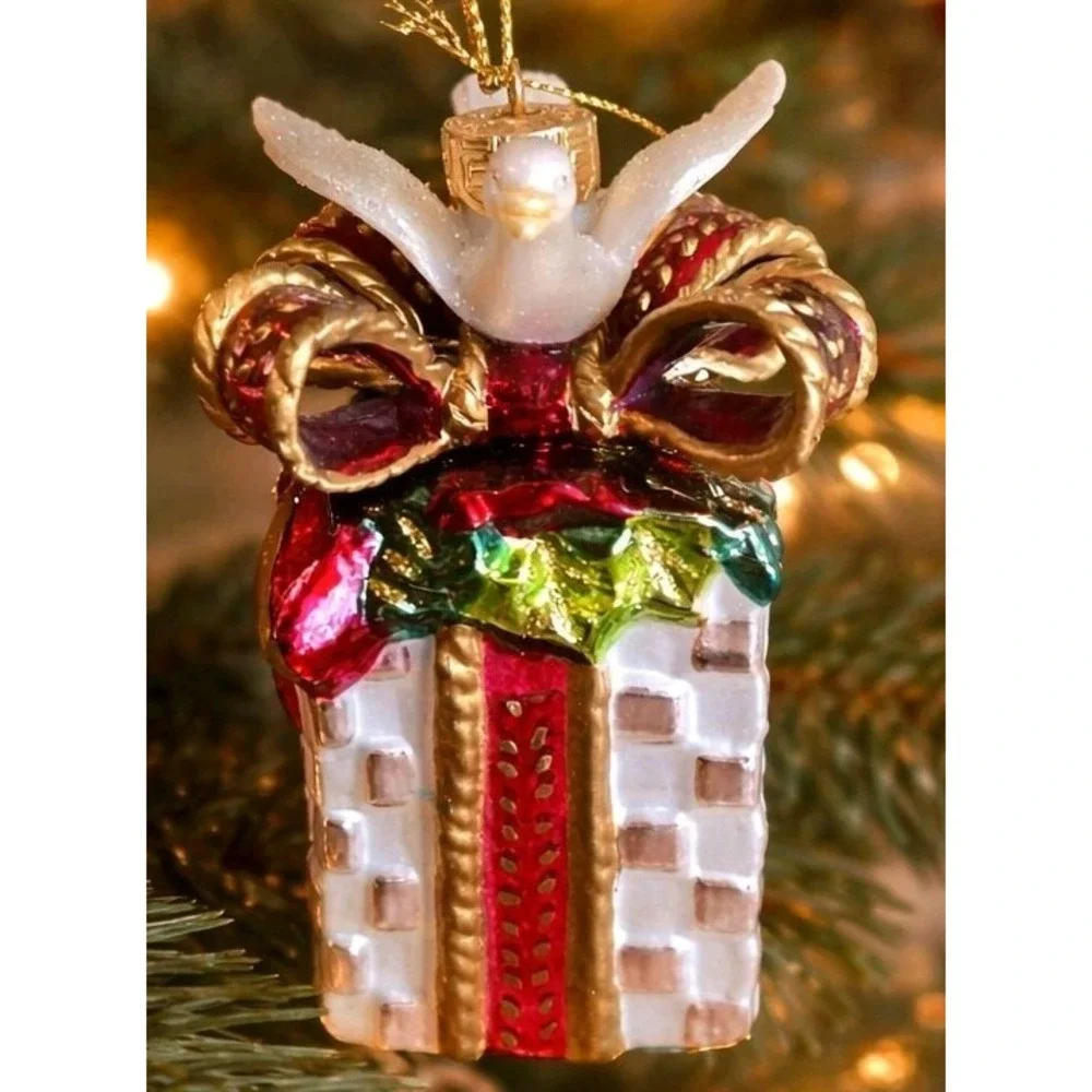 NIB Fitz & Floyd Gift Box Dove Glass Christmas Ornament Bow Cottagecore VTG INSP